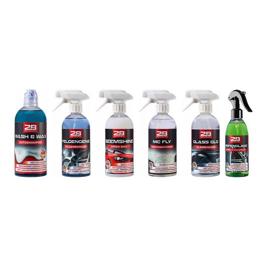 2B Performance Autopflege Set Außen: Autoshampoo, Felgenreiniger, Speed Wax, Insektenentferner, Glasreiniger und Reifenglanz