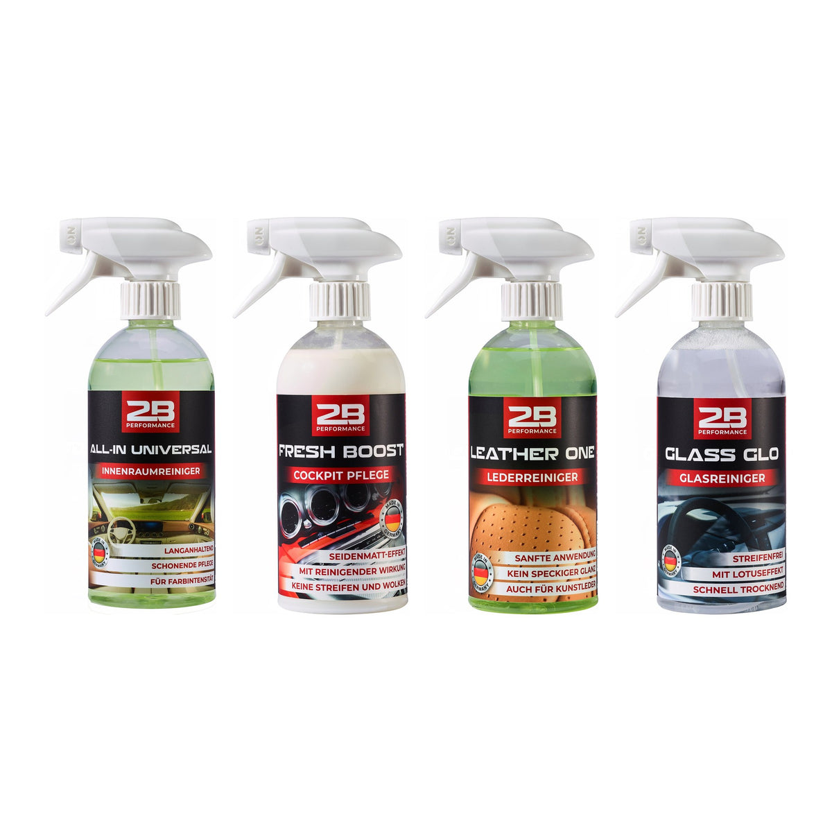 2B Performance Autopflege Set Innenraum: Innenraumreiniger, Cockpitpflege, Lederreiniger und Glasreiniger