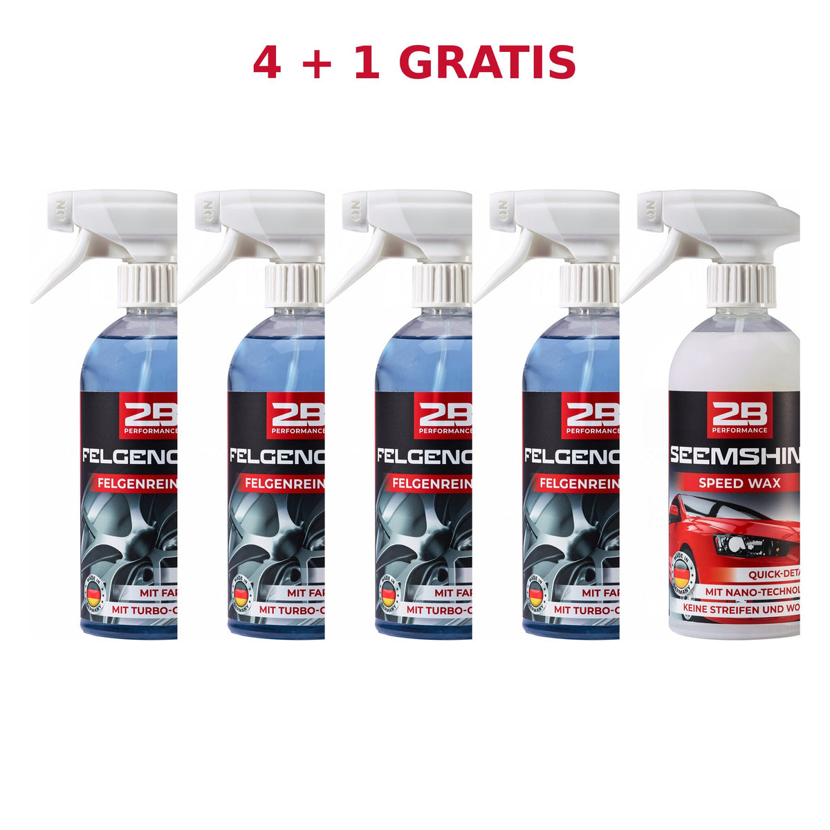 2B Performance Felgen-Set: 4 × Felgengenie 500 ml + SeemShine Speed Wax 500 ml gratis – Produktabbildung