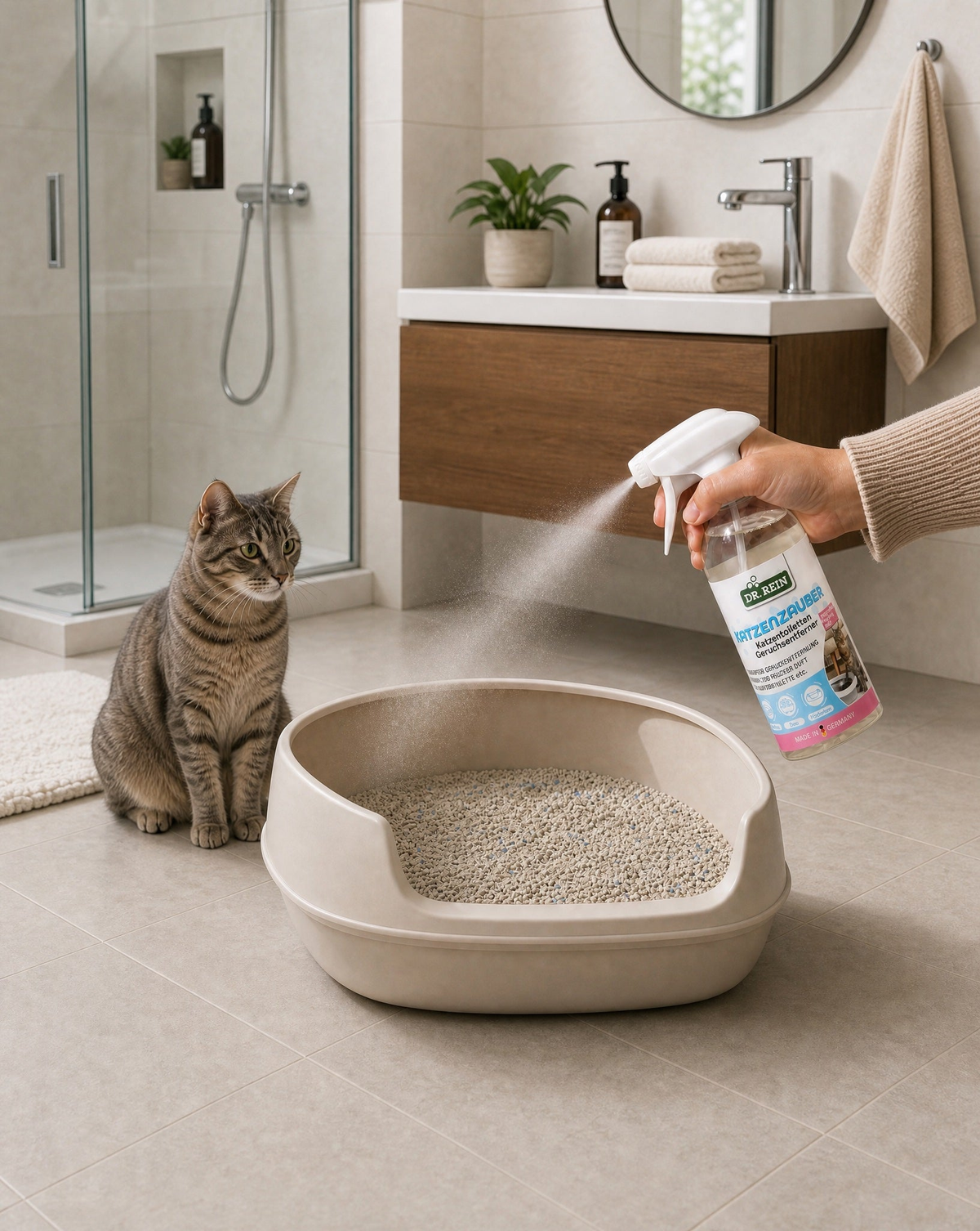 Dr. Rein Katzenzauber neben einer Katzentoilette