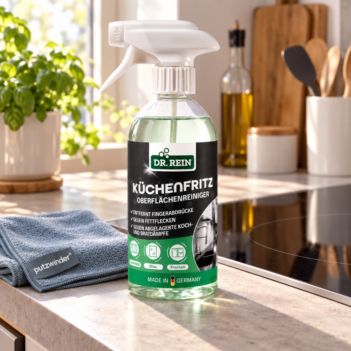 Dr. Rein Küchenfritz 500 ml mit original grauem putzwunder Premiumtuch – KI-generierte Szene nach Originalfotos, Tuch separat erhältlich