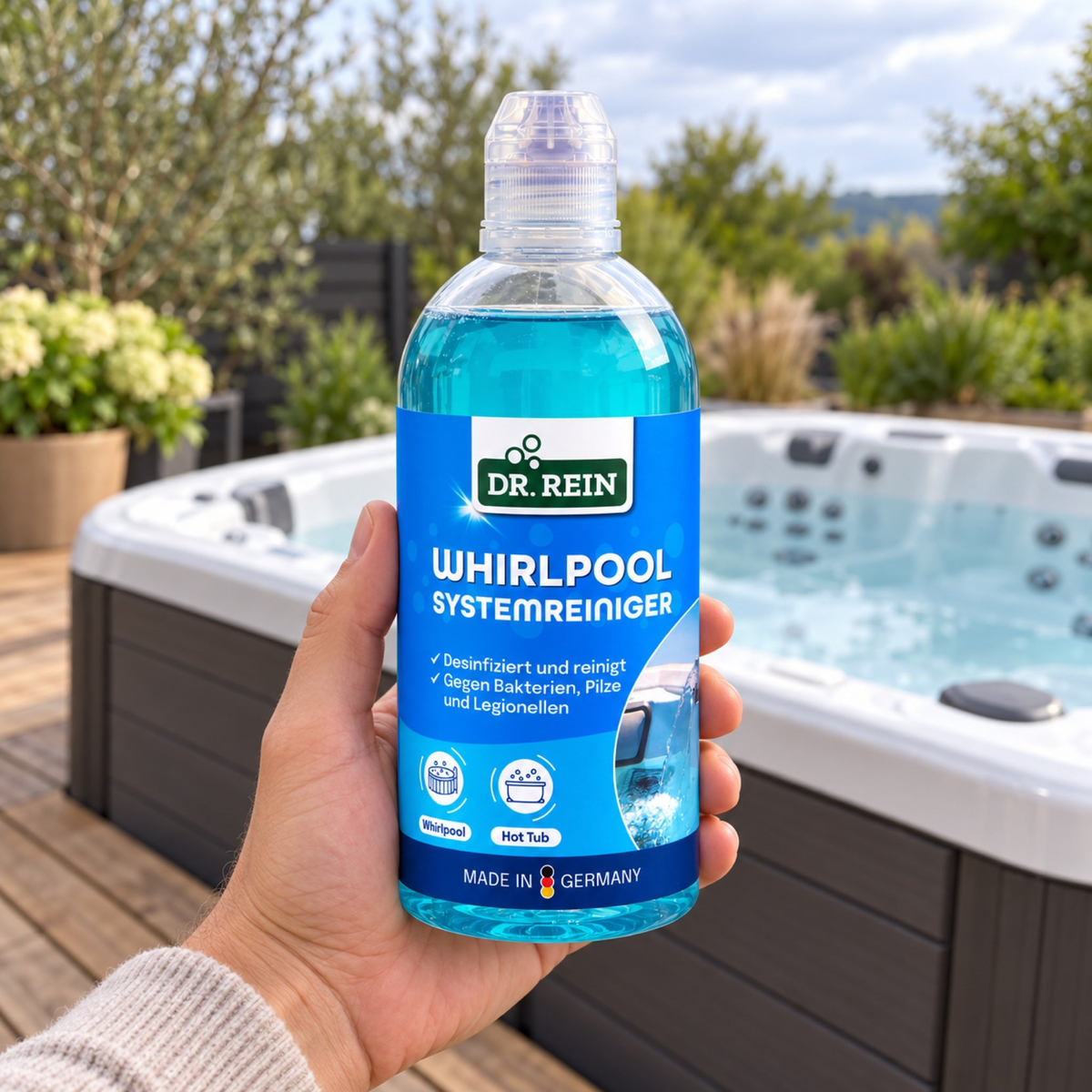 Hand hält Dr. Rein Whirlpool-Systemreiniger vor einem Außenwhirlpool – KI-generierte Produktszene