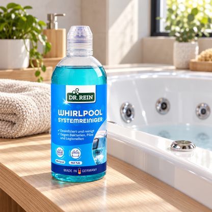 Dr. Rein Whirlpool-Systemreiniger auf einer Holzablage neben einer Whirlwanne – KI-generierte Produktszene