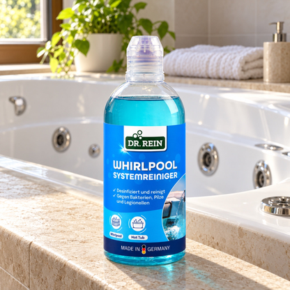 Dr. Rein Whirlpool-Systemreiniger auf einer Steinablage neben einer Whirlwanne – KI-generierte Produktszene