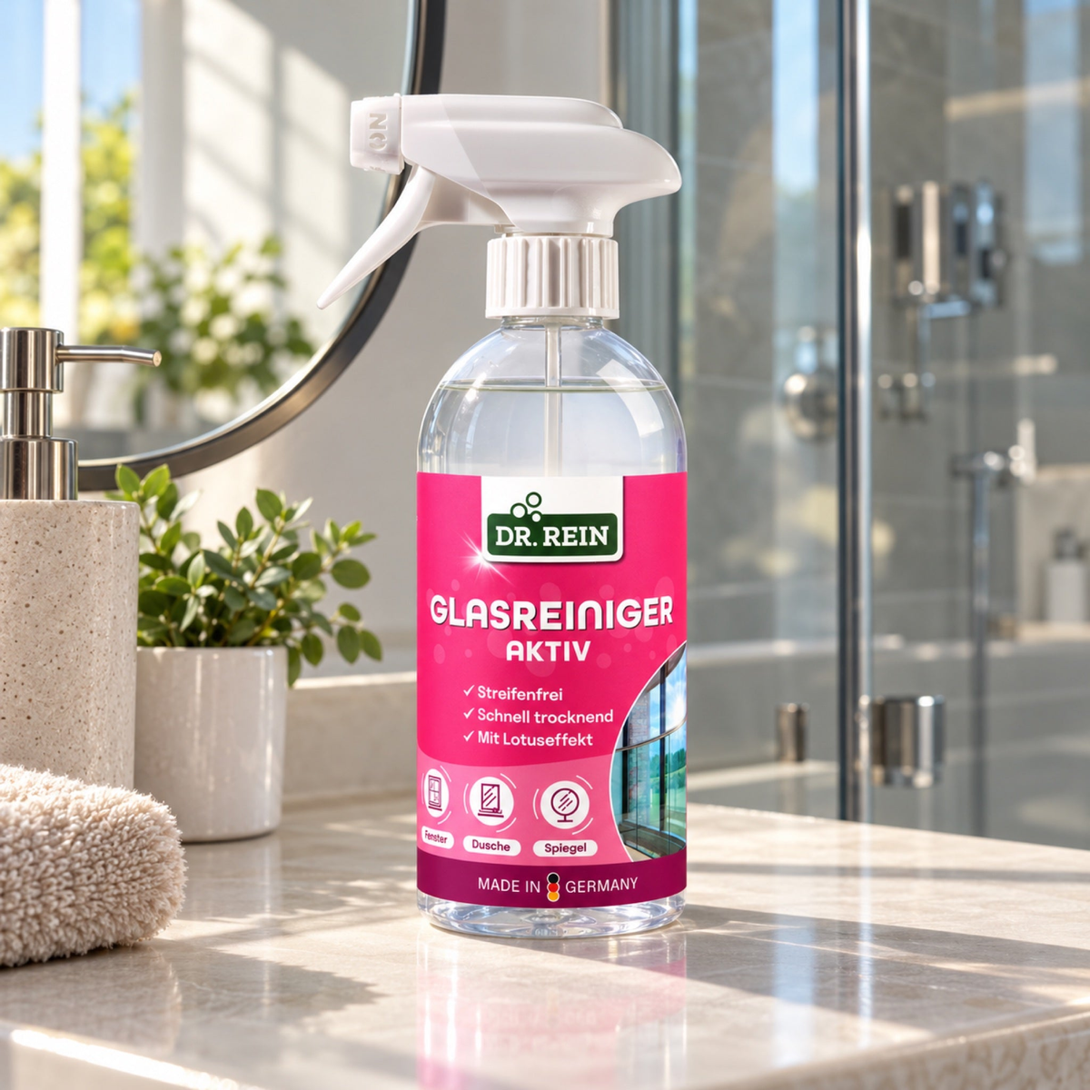 Dr. Rein Glasreiniger Aktiv 500 ml neben Spiegel und Glasdusche – KI-generierte Produktszene