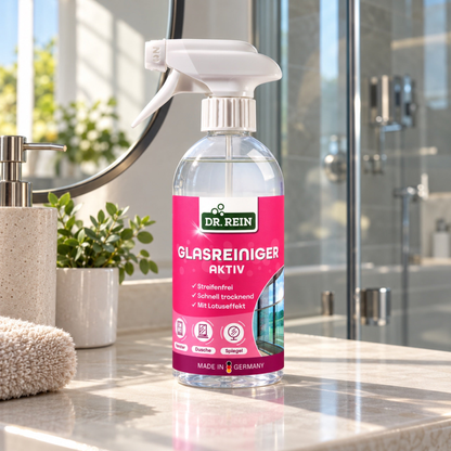 Dr. Rein Glasreiniger Aktiv 500 ml neben Spiegel und Glasdusche – KI-generierte Produktszene