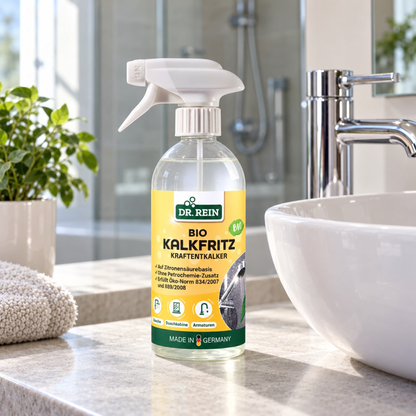 Dr. Rein Kalkfritz BIO Zitronen Kraftentkalker 500 ml neben einer Badarmatur – KI-generierte Produktszene