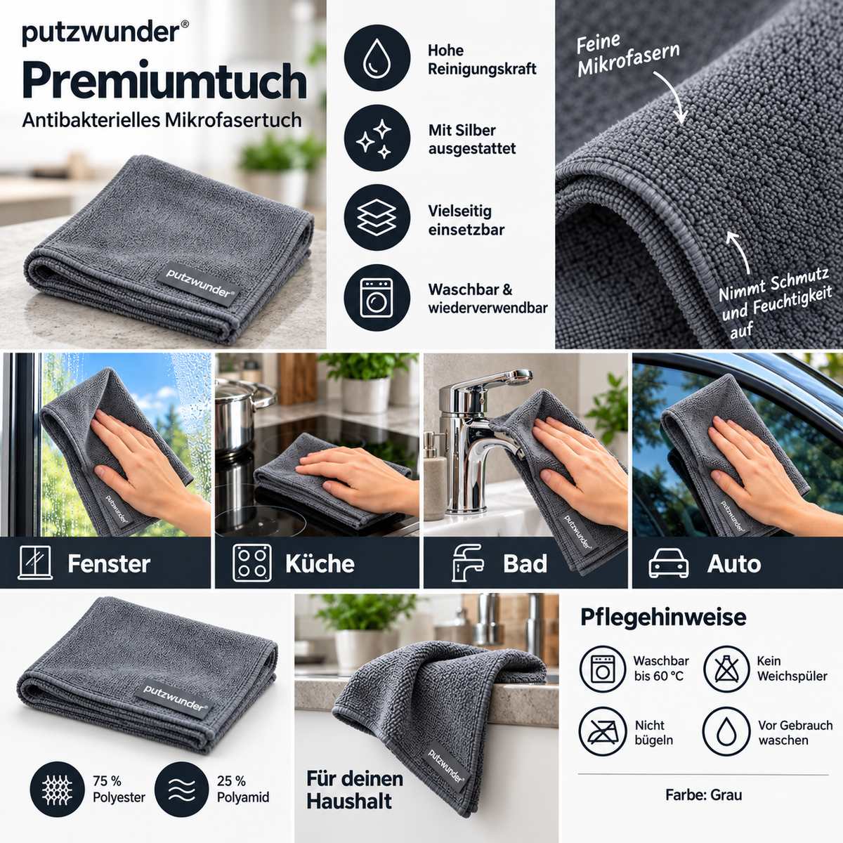putzwunder Premiumtuch antibakteriell | 1er-, 2er- & 3er-Set – Produktabbildung