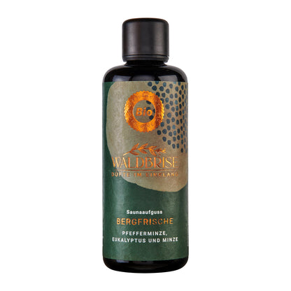 Waldbrise Saunaaufguss Bergfrische 100 ml – Bergfrische Flasche auf weißem Hintergrund