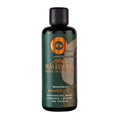 Waldbrise Saunaaufguss Wanderlust 100 ml – Wanderlust Flasche auf weißem Hintergrund